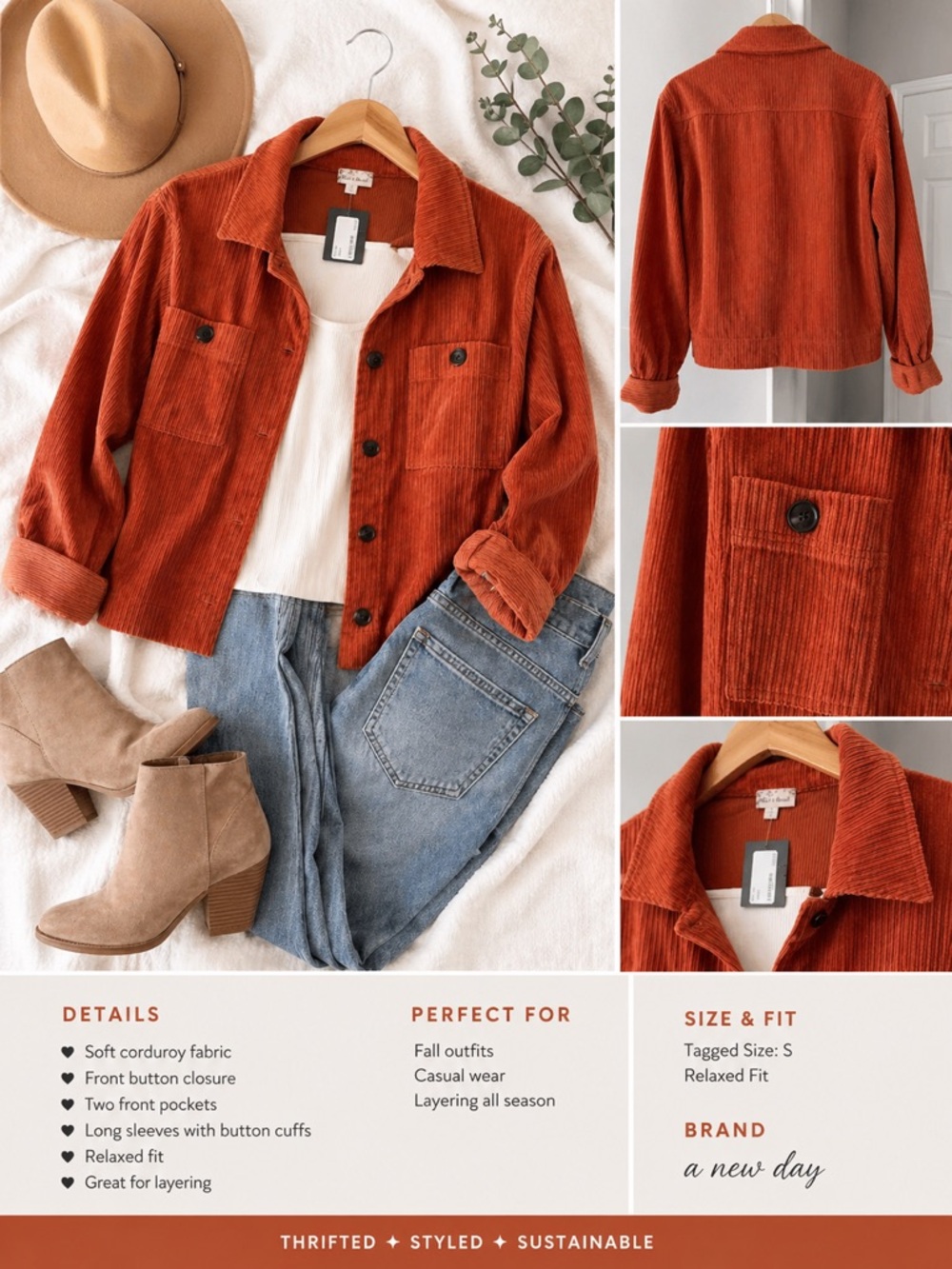Hem & Thread Orange Corduroy Button-Front Jacket